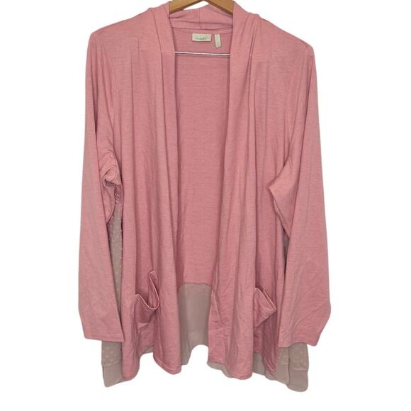 LOGO LOUNGE Women's PLUS 2X Open Cardigan Sweater Pink Chiffon Pockets Fairy - Picture 1 of 14